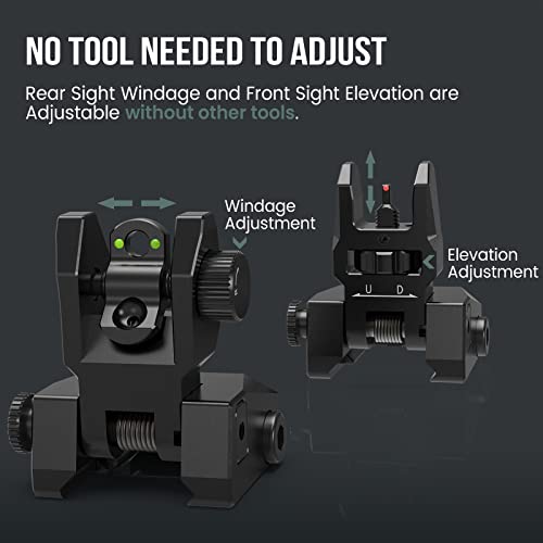 VOTATU V2 Fiber Optic Iron Sights, Flip Up Front and Rear Backup Sights with Green Red Fiber Optics Dots, Tool-Free Adjustable Front Sight Rapid Transition