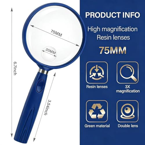 Image of Feosky Handheld Reading Magnifier, 3X Magnifier, 75mm Shatterproof Lens, Non-Slip Handle for Adults Close Work, Seniors Reading and Nature Exploration, Hobby Observation (Blue)