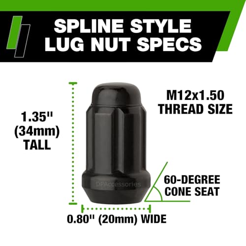 DPAccessories Black M12x1.50 Lug Nuts for Aftermarket Wheels - Closed End Spline Tuner - 34mm (1.35") Tall - Set of 24 - D5246P-2308/24