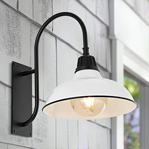 Image of JONATHAN Y 12.25 inch White /Black 1-Light Farmhouse Gooseneck Outdoor Wall Sconce Lamp, with Black Metal Bowl Shade, Industrial Iron LED Porch Light for Patio Garage Entryway JYL7614A