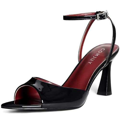 Womens High Heels Sandals Peep Toe, Flared Heels with Ankle Strap, Elegant Leather Sandals Comfortable Chic Summer Sandals Prom Wedding