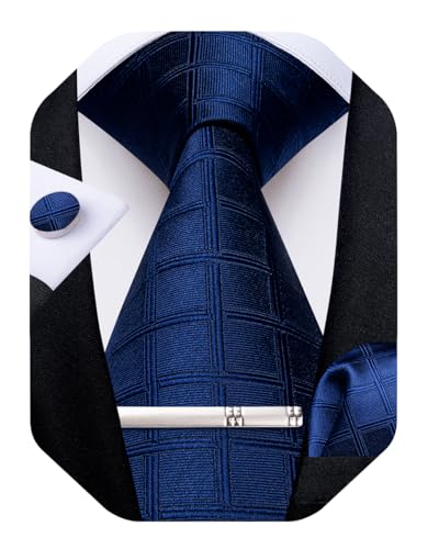 Image of DiBanGu Mens Silk Necktie Solid Color Tie and Pocket Square Cufflink Tie Clip Set Woven Plain Ties for Men Wedding Party