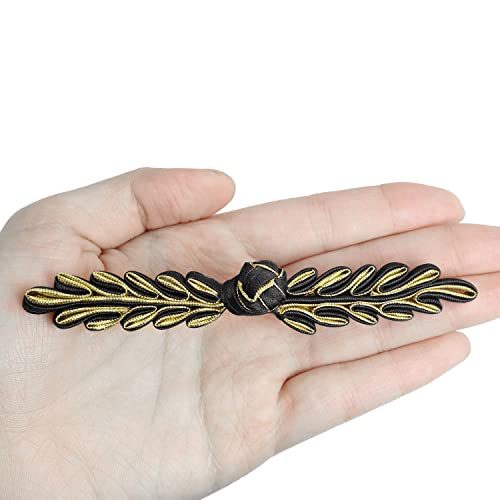 Luorng 8Pcs Chinese Knots Frog Buttons Closure Sewing Fasteners Chinese Wind Tree Leaf Buckle For Scarf Cardigan And Costumes Outfit Sewing Sweater Cloak Coats, Black Gold #TOP1