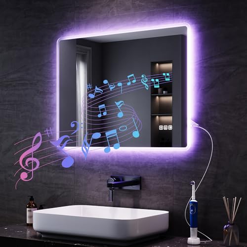 SONNI Specchio da bagno con illuminazione a LED, con Bluetooth e interruttore touch, possibilità di regolazione dell'intensità, anti-appannamento, 3 colori di luce regolabili, presa elettrica