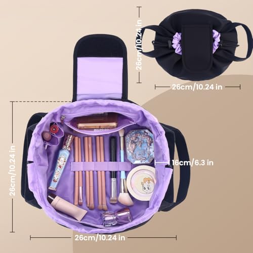 Lay Flat Drawstring Makeup Bag,Travel Cosmetic Organizer for Women,Large Capacity Toiletry Bag,Portable Open-Flat Design for Skincare and Makeup Brushes (Purple)2
