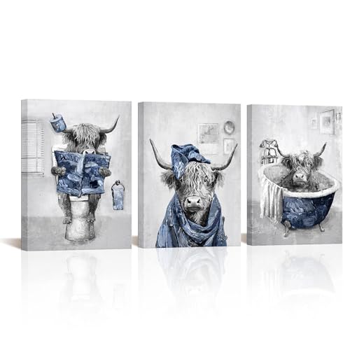 sechars Blue and Grey Bathroom Decor Funny Highland Cow Wall