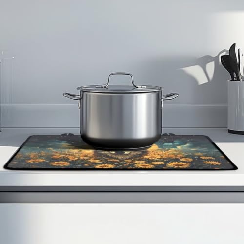 Image of Stove Top Covers for Electric Stove Anti-Scratch Flat Induction Cooktop Cover Mat Ceramic Glass Stove Top Protector with Rubber Backing, 29 x 21 Inch, Wolf Moon Planet Sunflower