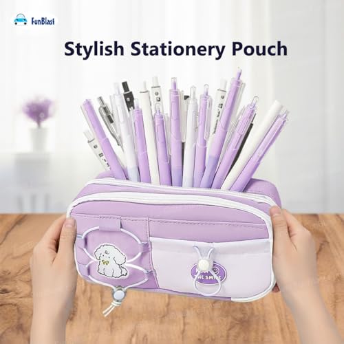Image of FunBlast Pencil Pouch for Girls - Aesthetic Multi-Compartment Zipper Pouch with Drawstring Pocket, Cute Kawaii Pencil Case, Stylish Stationery Pouch, Return Gift for Kids & School Use (Purple2)
