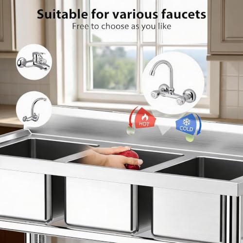 Image of Garvee 3-Compartment Freestanding Stainless Steel Utility Sink, NSF Certified Commercial Triple-Bowl Wash Station - Indoor /Outdoor for Restaurant, Garage, Laundry, Backyard