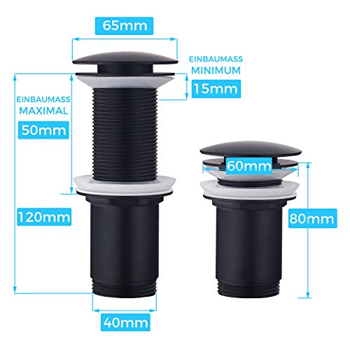 Ablaufgarnitur ohne Überlauf Schwarz Matt - Keymark Universal Ablaufventil Abflussgarnitur für Waschbecken & Waschtisch - Messing Pop Up Ablauf Abfluss Stöpsel