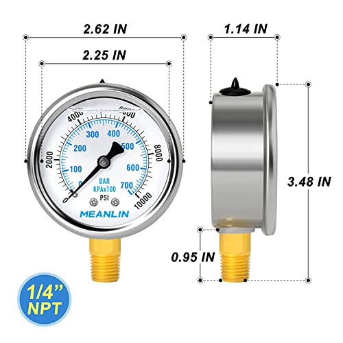 Meanlin Measure 0~10000Psi Stainless Steel 1/4" Npt 2.5" Face Dial Liquid Filled Pressure Gauge Wog Water Oil Gas Lower Mount, With 1/4" X 1/2" Npt And 1/4" X 3/8" Npt Hex Bushing #TOP1