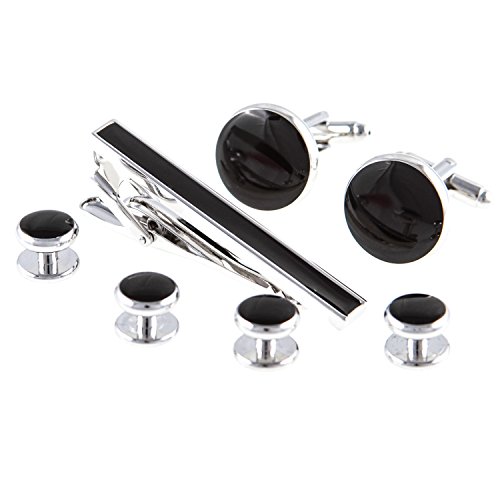 Mrcuff Black Designer Onyx Cufflinks & Studs & Tie Bar Tuxedo Set In Presentation Gift Box & Polishing Cloth #TOP7