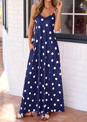 Image of KIRUNDO Womens Polka Dot Spaghetti Strap Flowy Maxi Dress | Sleeveless V Neck Boho Long Dresses, 2026 Summer Beach Vacation Cruise Outfits, A-Line Backless Sundress With Pockets