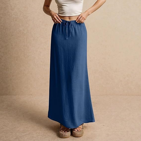 2025 Summer Linen Maxi Skirts for Women Cute Vacation Boho Long Flowy Skirts Chiffon Comfy Drawstring Waist A Line Skirts4