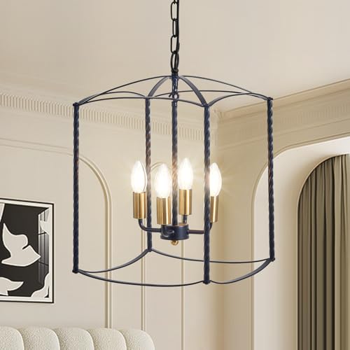 FISGONI Industrial Black Chandelier 4-Light Lantern Pendant Lighting Fixture for Over Table Dining Room Kitchen Island Foyer Hallway,E12 Max 60W,12.60in