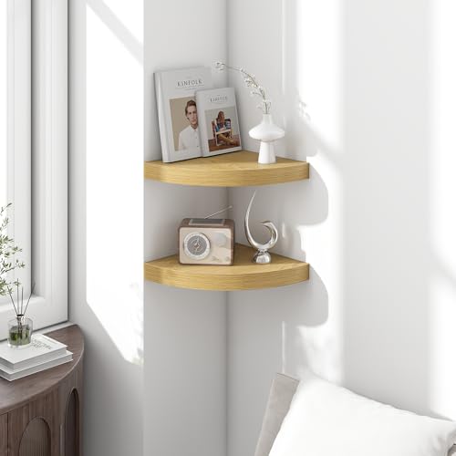 Image of Fun Memories Floating Corner Shelves Set of 2 - Rustic Wood Wall Mounted Storage and Display Shelves for Living Room, Bedroom, Kitchen, Bathroom - Space Saving Home Decor, Oak