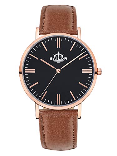 Montres Classic Basic Sailor montre bracelet cuir brun cadran or rose tendance