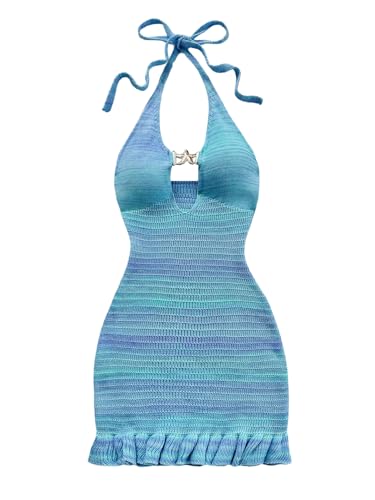 Image of GORGLITTER Women's Vacation Outfit Crochet Halter Knit Bubble Mini Dress Sexy Beach Cruise Summer Miami Resort Outfits