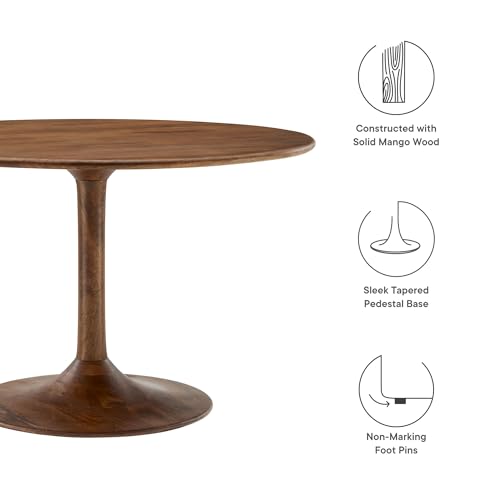 Image of Modway Lippa 48 Inch Round Wood Dining Table in Walnut - Solid Mango Wood Tabletop with Pedestal Base - Mid Century Modern Dining Room Furniture - Kitchen Table for 4-6 Person
