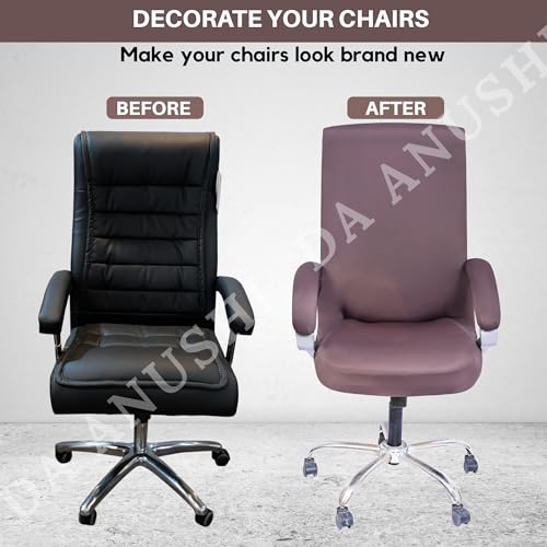 Image of Premium Elastic Boss Chair Cover with Armrest Covers | Stretchable Polyester Slipcover | 1-Seater Office Chair Protector | Fits Chair Back Height 71-76cm | Coffee Brown