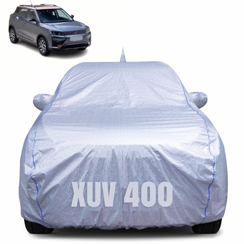 Image of 100% Waterproof Car Body Cover for Mahindra XUV 400 (2023-2025) with Mirror Pocket, Heat & UV Resistant, Triple Stitched, Soft Lining, Bottom Elastic & Piping (Silver Reflective)