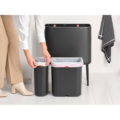 Image of Brabantia Bo Touch Top Kitchen Trash Can with Dual Compartments & Raised Legs | Confident Gray | 3 + 6 Gal Inner Buckets | Soft-Close Garbage Can, Stay-Open Lid | Fits Against Wall | + Trash Bags