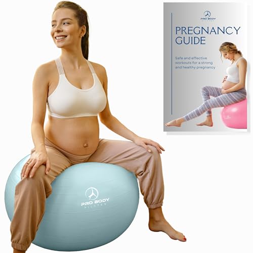 ProBody Pilates Pelota de parto – Ejercicio de pelota de embarazo para trabajo de parto con libro, pelota de yoga para embarazo con ejercicio prenatal y postnatal, bola de parto extragruesa (niebla,