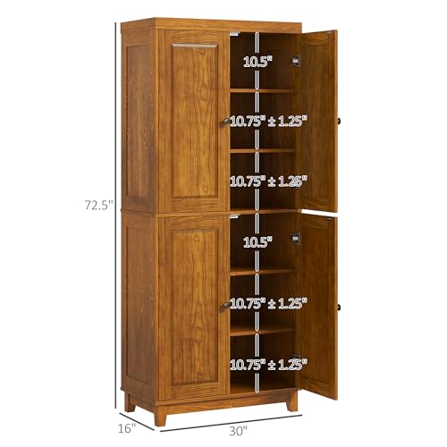 HOMCOM 72.5" Kitchen Pantry Storage Cabinet, Freestanding Kitchen Cupboard with 4 Doors and Adjustable Shelves for Dining Room, Pine Mahogany