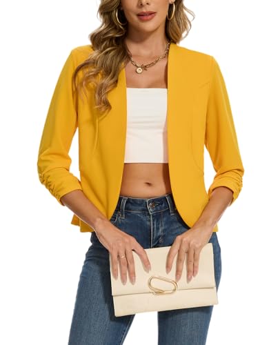 Womens Cropped Blazer Suit Jacket Open Front 3/4 Ruched Sleeve Blazers Collarless Suit Jacket Coat Tailored Outfit,Yellow,L2