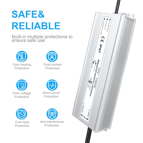 Image of LightingWill LED Driver 150 Watts Waterproof IP67 Power Supply Transformer, 90-265V AC to 12V DC Low Voltage Output, Adapter with 3-Prong Plug 3.3 Feet Cable for Outdoor Use, Computer Project