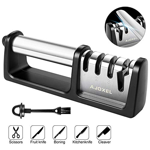 AJOXEL Aiguiseur Couteaux Ciseaux, 4 en 1 Aiguiseur de Couteaux de Cuisine Professionnel Affûteurs Manuels Knife Sharpener pour Couteau Ceramique en Acier INOX avec Base Antidérapante
