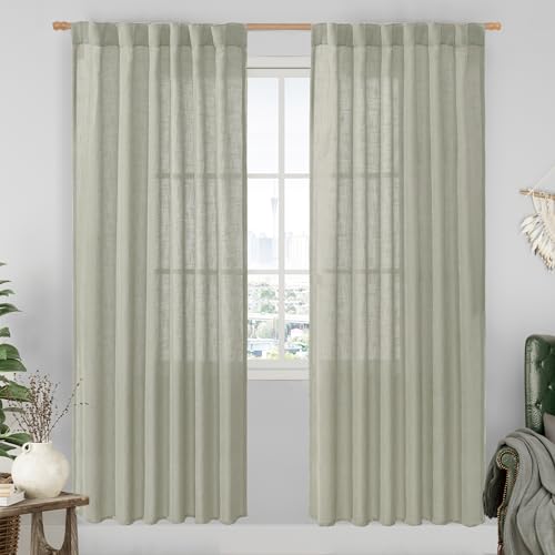 LAMIT Sage Grey Linen Boho Curtains 80 inch Length 2 Panels, Light Filtering Semi Sheer Panels Back Tab and Rod Pocket Neutral Drapes for Bedroom/Living Room, 52 x 80 Inch