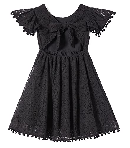 Image of Beganly Toddler Girls Lace Dress Baby Kids Tie Back Bow Pom Pom Ruffle Sleeve Backless Party Princess Dresses Black 80