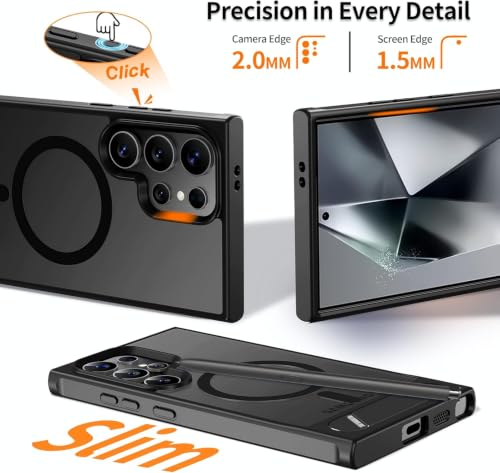 Image of Elzzi Magnetic Cover Compatible for Samsung S24 Ultra 5g Case with Adjustable Metal Kickstand, Compatible with Mag-Safe Translucent Matte Shockproof Protective Phone Case, Black Stand