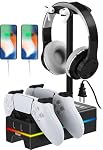 PS5 Chargeur de contrôleur avec USB Port de recharge et AC Déplacement, RGB DualSense Station de recharge dock pour PS5 Contrôleurs avec support d'écouteur, PS5 Accessoires - GameCube