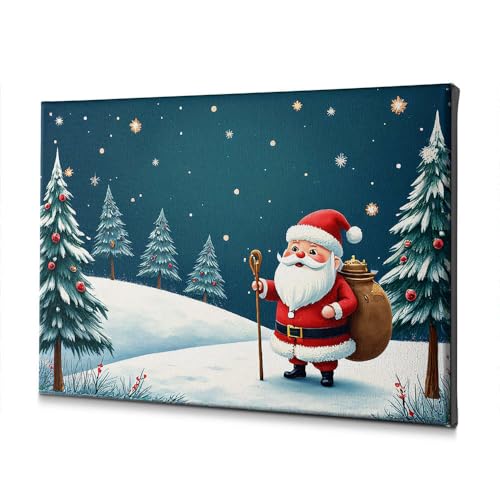 Tableau toile salle à manger Père Noël - Décoration murale sapins enneigés 20x30