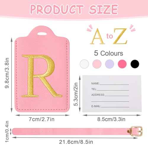 Image of Personalized Initial Luggage Tags for Suitcases, Cute PU Leather Embroidered Letter Travel Luggage Tags, Suitcase Identifier Name Baggage Tag, Bag Tags for Men Women Kids Luggage Handbags(Pink R)