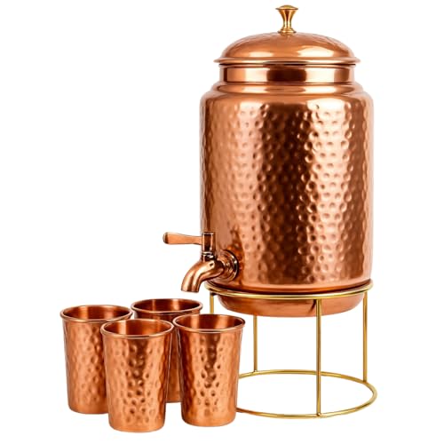 Pure Copper Hammered Water Dispenser Storage Water Tank with Tap and set of 4 Copper Glass | Water Pot | Cooper Water Storage Tank | 6.5 Ltr Capacity | 218 Oz