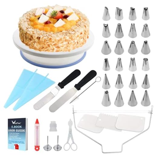 WisFox Tortenplatte Drehbar Tortenständer Kuchen Drehteller Cake Decorating Turntable mit Zuckerguss, Spritzbeutel und Tipps-Set, Vereisungsspachtel und glatter, Gebäckwerkzeug