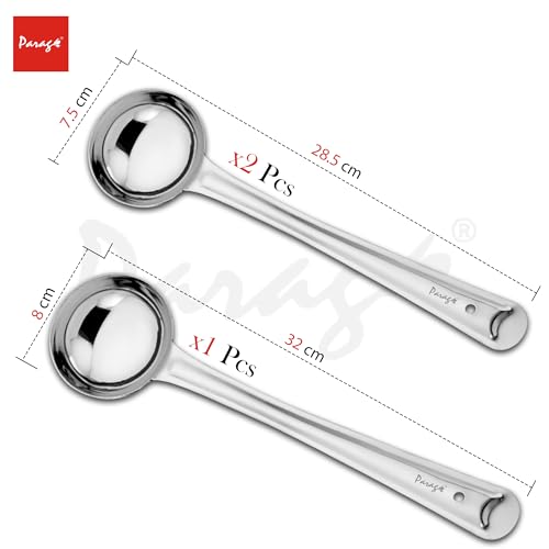 Parage 3 Pieces Stainless Steel Ladle Set for Kitchen Cooking and Serving, Pack of 3, Karchi/Soup Ladle/Kalchun, Silver (Size: 12.5 inches x 1, 11 inches x 2)