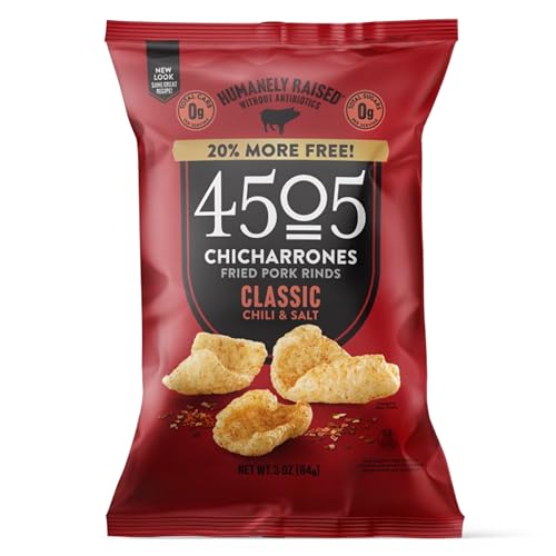 4505 Classic Seasoned Chicharrones, Fried Pork Rinds - Classic Chili & Salt Flavored Pork Skins - Low Carb, Gluten-Free, Protein Snack - 3oz