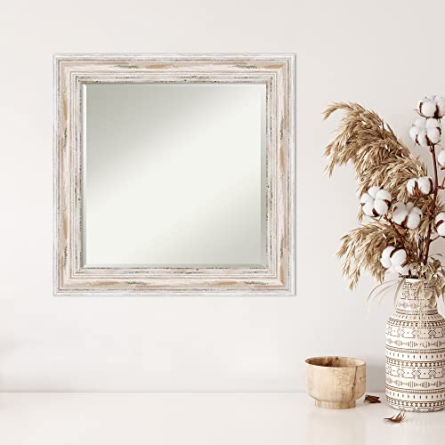 Amanti Art Beveled Wood Wall Mirror (25 X 25 In.), Alexandria White Wash Frame - Bathroom Mirror White, Medium #TOP4