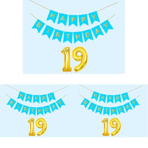 Image of 19th Sky Blue Happy Birthday Decoration Kit for 19 year Old Boys Girls Teenage with Number Nineteen Party Decorations Decor Celebration Items Item Set Combo Reusable Paper Banner
