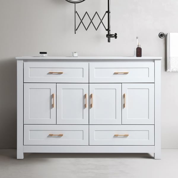 Image of KEIKI 48 inch Bathroom Vanity with Sink, Freestanding Storage Cabinet with 4 Soft Closing Doors & 4 Drawers, Solid Wood Frame, Modern Design, White