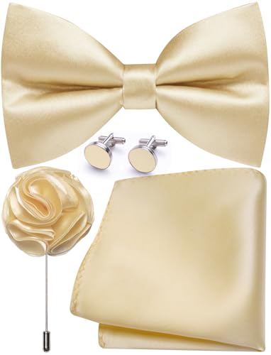 Image of Solid Color Bow Ties for Men Silk Pre-tied Tuxedo Bowtie Set 4PCS | Pre-tied in 3 seconds,adjustable 4PCS bow tie and pocket square cufflinks lapel pin set,wedding,formal,party,prom,graduation