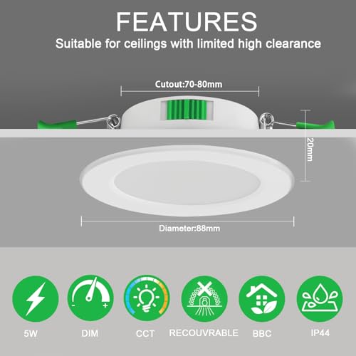 GAMVOE 5W LED Downlights Dimmable 3CCT, 2700K/4000K/6000K Adjustable Slim Recessed Ceiling Lights, Indoor Spotlights (6 Pack) - Image 5