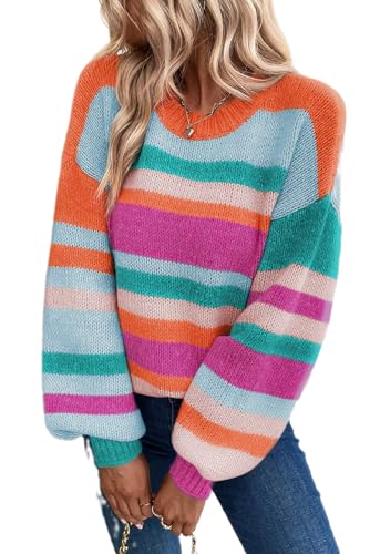 Women's Multicolor Striped Knit Drop Shoulder Puff Sleeve Sweater