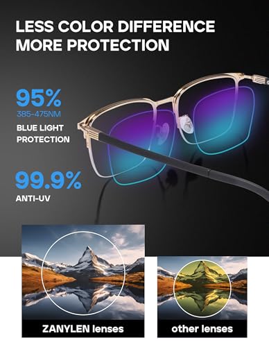 Image of ZanyLen Blue Light Blocking Glasses Men Computer Gaming Glasses Rectangle Metal Semi-rimless Frame