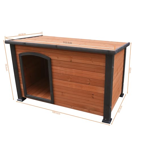 Wetterfeste Hundehütte aus Holz, Outdoor Hundehaus mit Grauer Umrandung, Naturholz Design