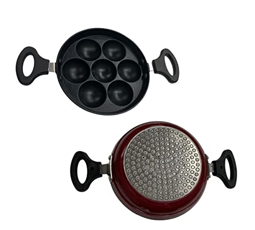 Satre Online and Marketing Small 7 Cavity Non-Stick Aluminium Heavy Induction Base Appam Pan with Steel Lid - Black,Silver,Red